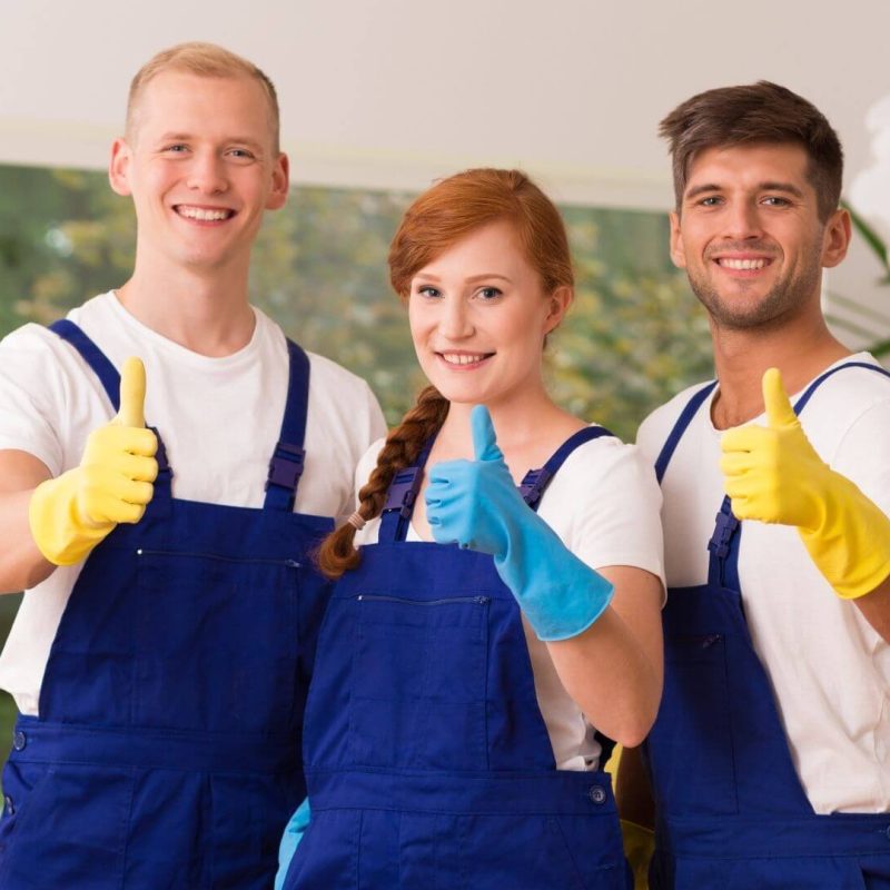 three cleaners posing and doing thumbs up with their cleaning attire on.